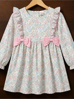 Stitchy Fish Girls Floral Dress Size 5 Pink Blue Bows Ruffle Long Sleeve